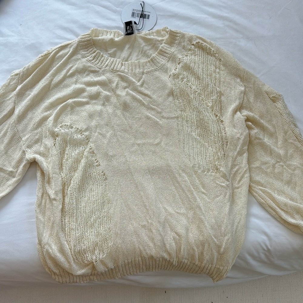 Off white mesh and distressed light sweater